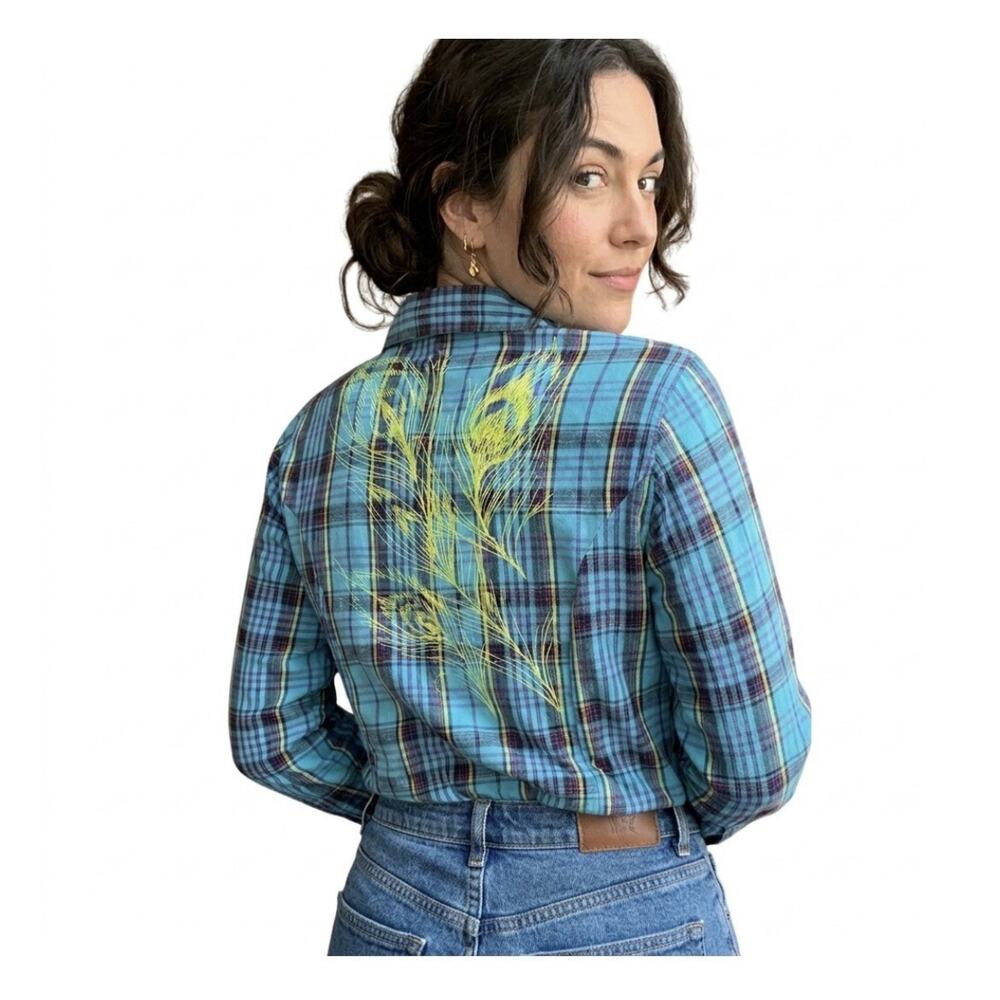 Roxy Plaid Shirt Teal Purple Y2K Skater Peacock Feather Graphic Streetwear 10-12